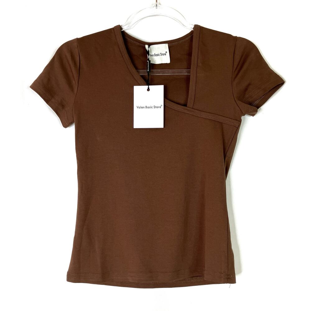 Valen Basic Store Brown Asymmetrical Neckline Short Sleeve Top NWT